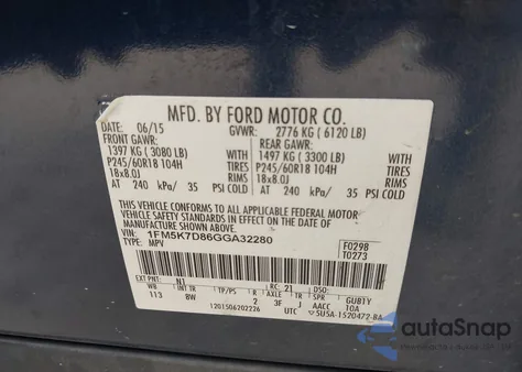 2016 Ford Explorer Xlt из США, поврежденный, VIN 1FM5K7D86GGA32280